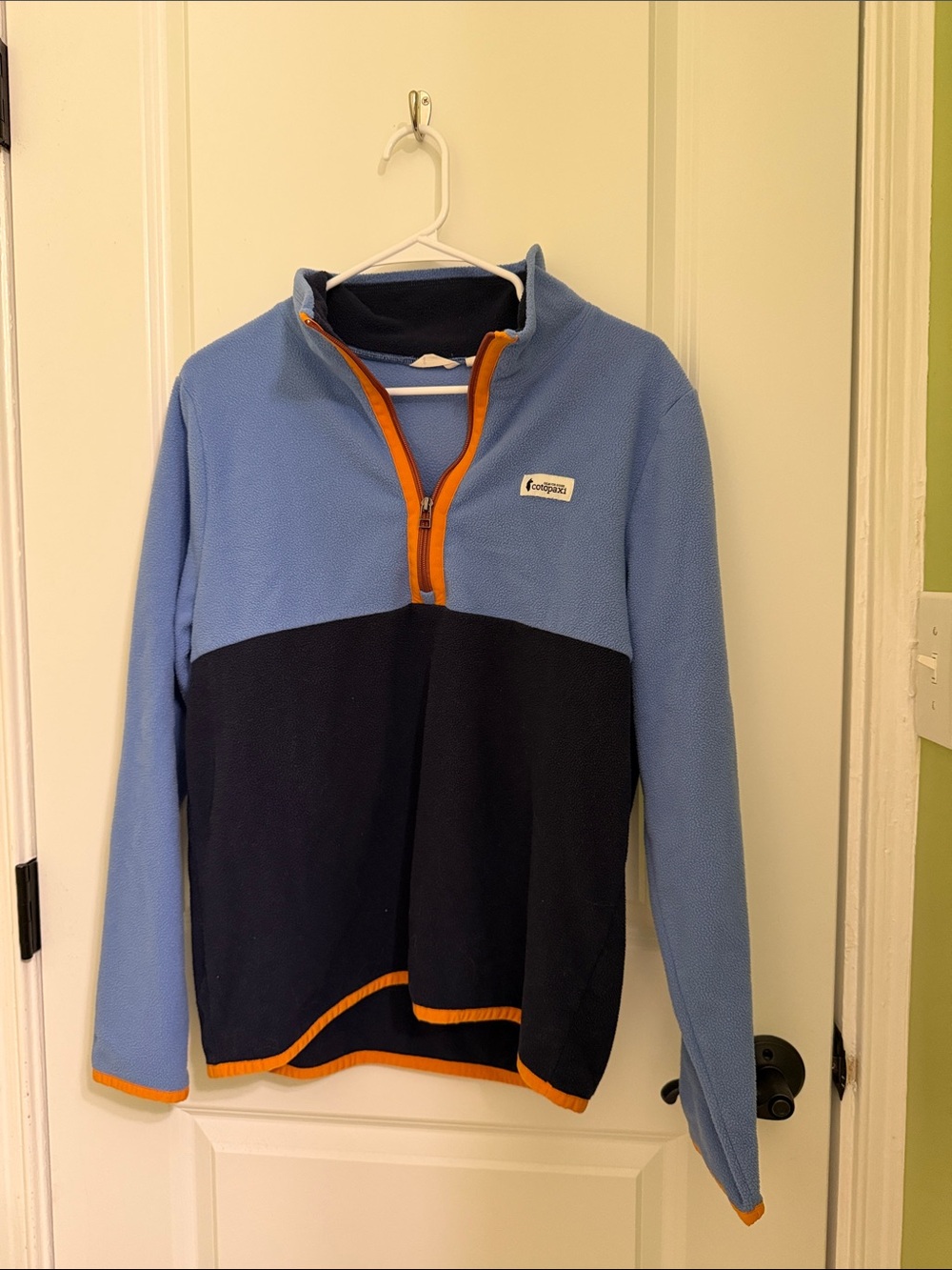 Cotopaxi Light Blue and Navy Fleece Quarter-Zip with Orange Accents